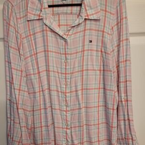 Winter/Cold Attire Tommy Hilfiger Pink Plaid Women's Button-Up Flannel Shirt